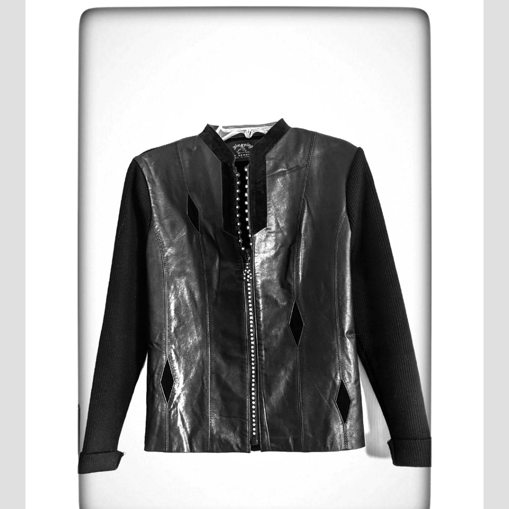 Zingzing genuine leather jacket pockets rhinestones zipper ribbed back sleeves - Picture 3 of 11